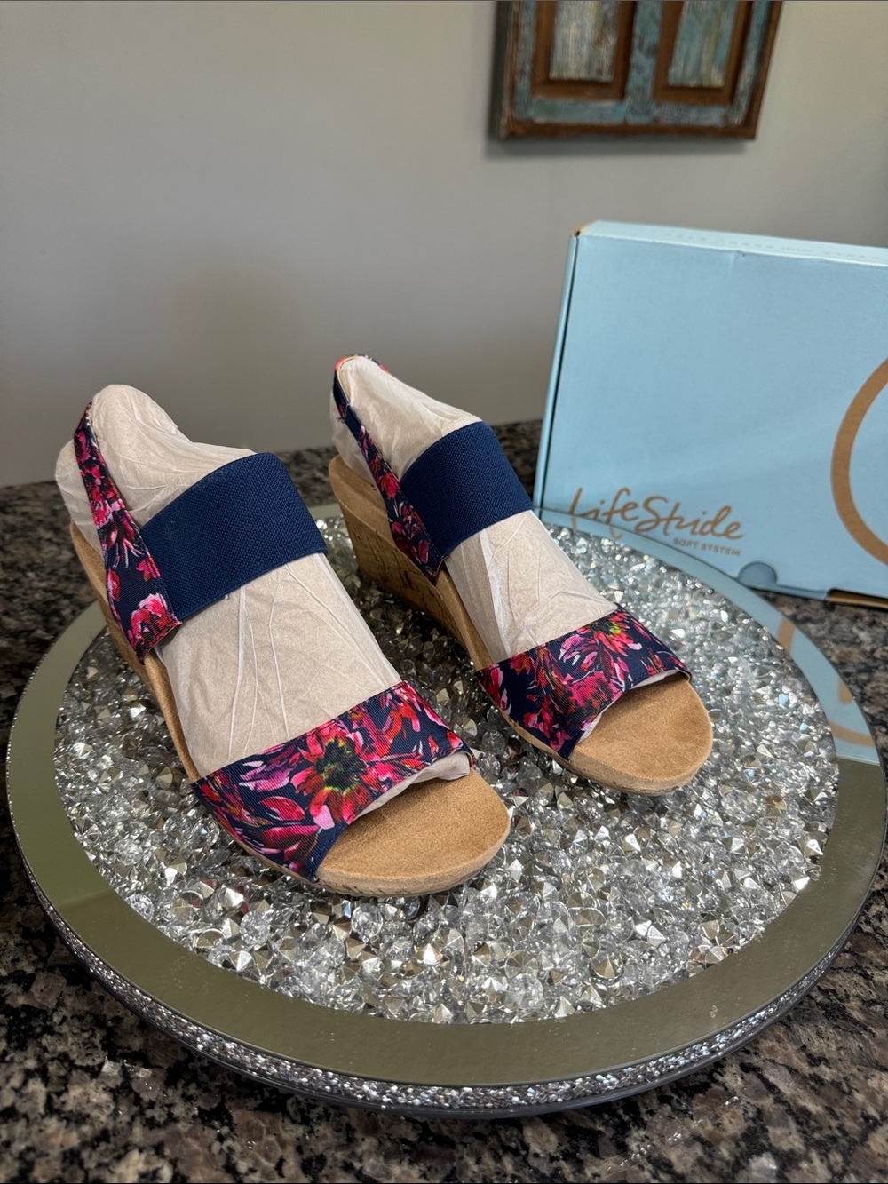 Life Stride Floral Wedge Sandals - Navy & Pink NEW 9